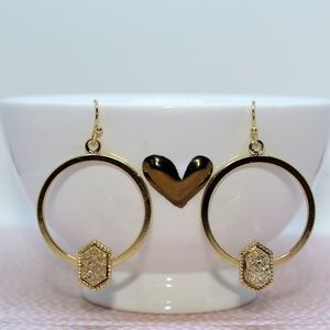 Geometric Gold Druzy Hoop Earrings